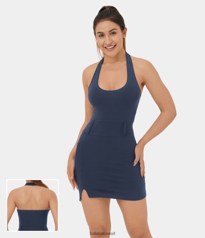 ملابس البحرية العميقة TDP4N1010 نحيف Halara فستان كاجوال قصير بجيب جانبي منقسم بدون ظهر