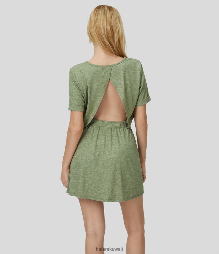 ملابس خيوط زهرية خضراء فاتحة TDP4N1011 نحيف Halara فستان كاجوال قصير بياقة دائرية وأكمام قصيرة بدون ظهر