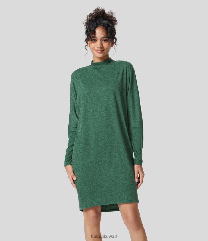 ملابس خيوط زهرية خضراء داكنة TDP4N1016 نحيف Halara فستان صالة قصير بأكمام طويلة ورقبة وهمية