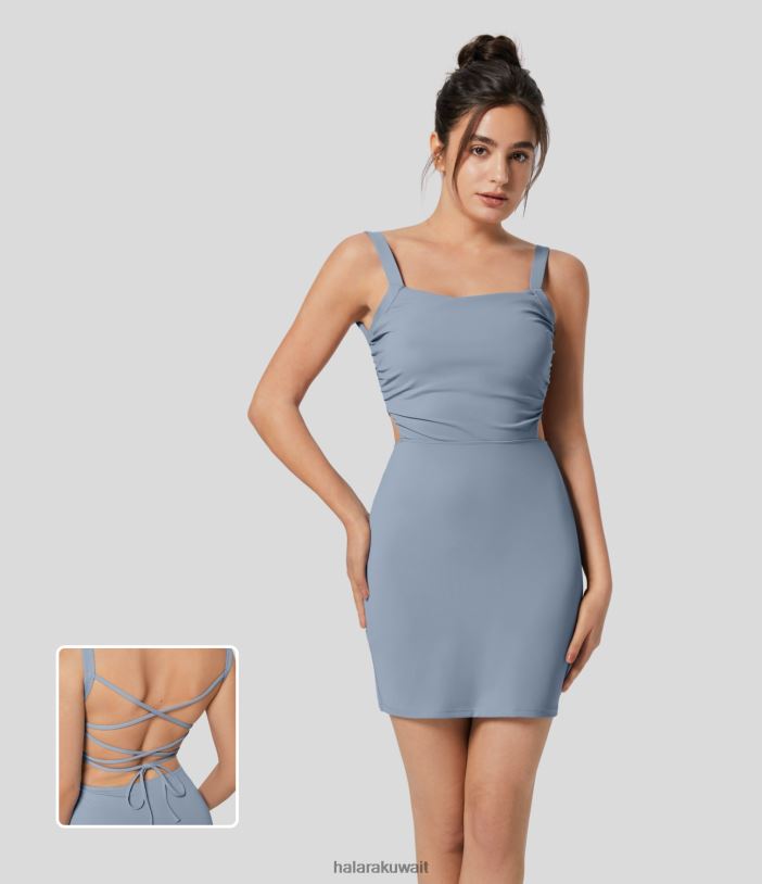 ملابس ندفة الثلج الزرقاء TDP4N1024 نحيف Halara فستان قصير غير رسمي من Bodycon بأربطة متقاطعة وظهر مكشوف