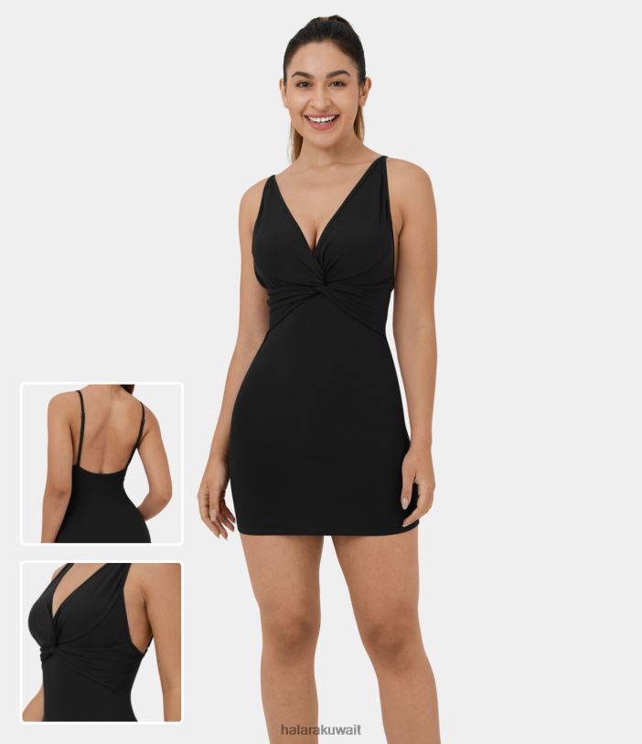 ملابس أسود TDP4N1037 نحيف Halara فستان كاجوال قصير متماسك بدون أكمام وفتحة ظهر وفتحة رقبة على شكل حرف V عميقة