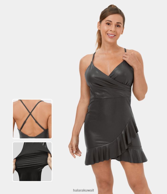 ملابس غسق أسود لامع TDP4N1050 نحيف Halara فستان كاجوال قصير من الجلد الصناعي بدون ظهر متقاطع وحاشية مكشكشة قابلة للتعديل وطباعة فويل من Softlyzero