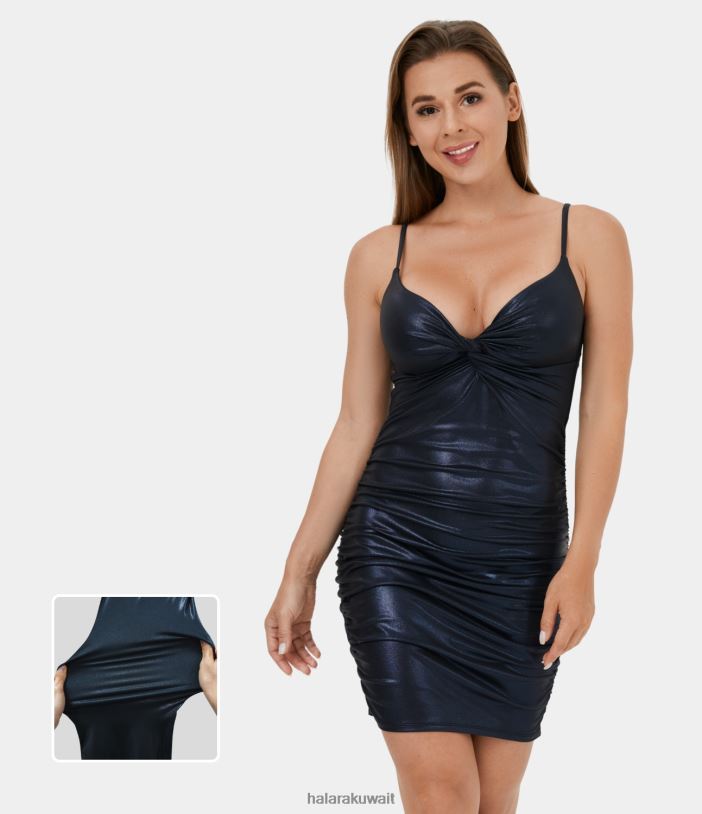 ملابس لامعة منتصف الليل الأزرق TDP4N1051 نحيف Halara فستان كاجوال قصير من الجلد الصناعي Softlyzero قابل للتعديل بدون ظهر ملتوي ومكشكش ومطبوع عليه رقائق معدنية