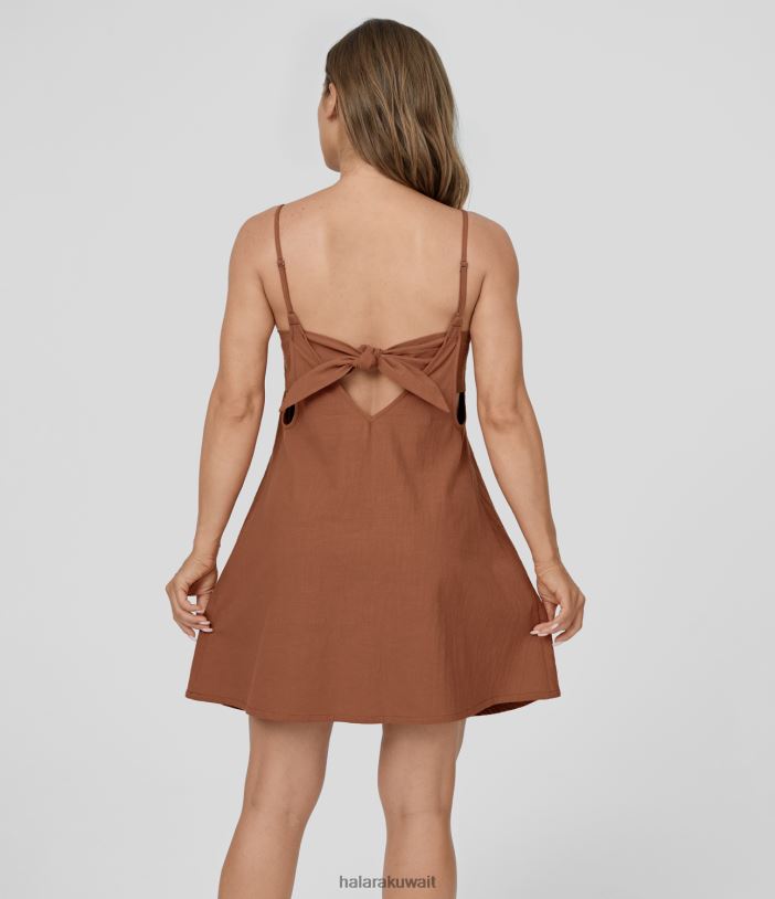 ملابس الصدأ الأحمر TDP4N1056 نحيف Halara فستان قطني كاجوال قصير بحزام قابل للتعديل ورقبة على شكل حرف V وربطة ظهر وعقدة خلفية