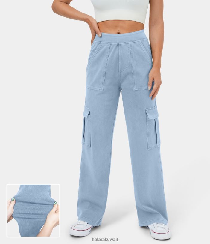 ملابس الدنيم المغسول باللون الأزرق الفاتح TDP4N105 نحيف Halara جينز كارجو كاجوال متوسط ​​الارتفاع بجيوب متعددة وأرجل مستقيمة ومتماسكة وقابلة للتمدد