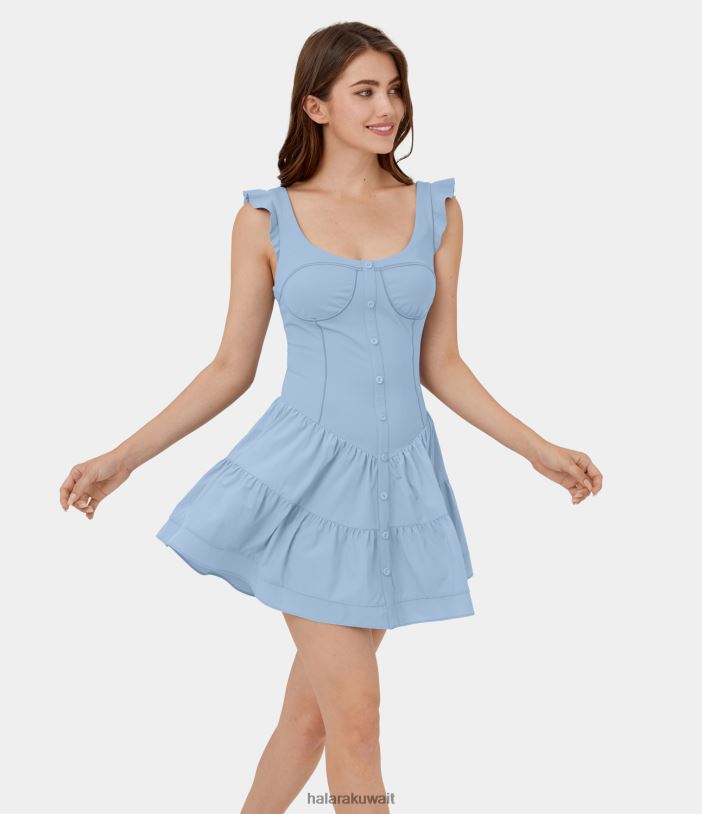 ملابس إبداعي TDP4N1068 نحيف Halara مشد برقبة على شكل حرف U وأزرار مكشكشة بدون ظهر، فستان كاجوال قصير سريع الجفاف