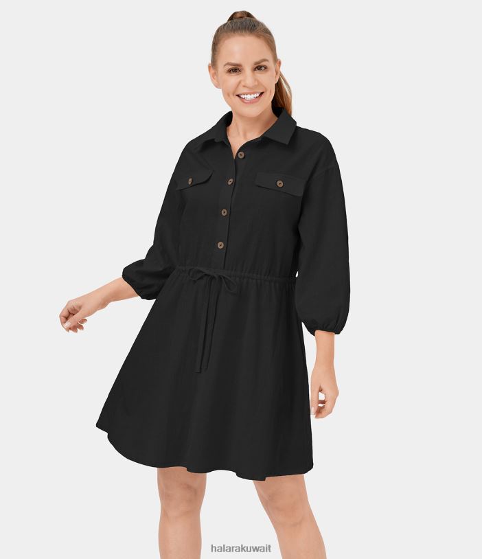 ملابس إبداعي TDP4N1072 نحيف Halara فستان قطني كاجوال قصير بأكمام بيشوب وأزرار ورباط