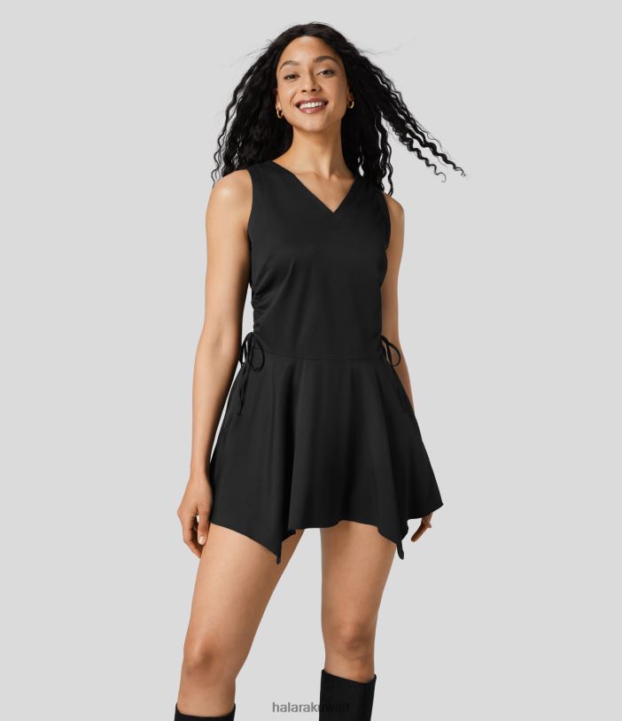 ملابس أسود TDP4N1079 نحيف Halara فستان كاجوال قصير بياقة على شكل حرف V بدون أكمام برباط وجيب جانبي وحاشية منديل