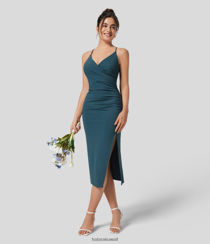 ملابس الحبر الأخضر TDP4N1084 نحيف Halara فستان Softlyzero Airy Crossover مكشكش بدون ظهر وأربطة منقسم لوصيفات العروس وضيوف الزفاف