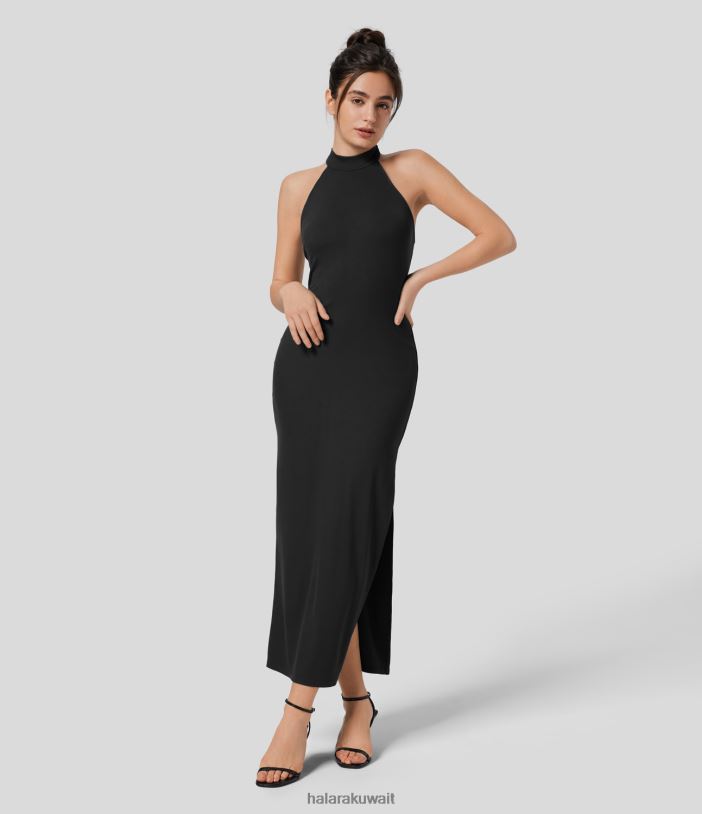 ملابس إبداعي TDP4N1092 نحيف Halara فستان ميدي بياقة واقفة مضلع بدون أكمام وحاشية مقسمة فستان كاجوال متوسط ​​الطول
