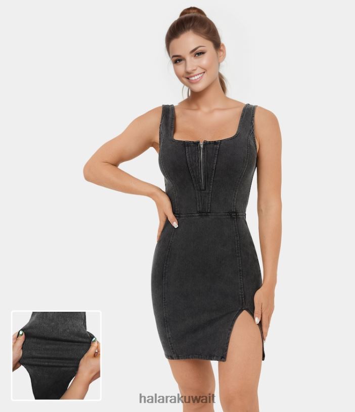 ملابس الدنيم الرمادي الداكن TDP4N1096 نحيف Halara فستان كاجوال قصير بنصف سحاب بدون أكمام وحاشية مقسمة وظهر مكشوف من قماش الدنيم المتماسك القابل للتمدد