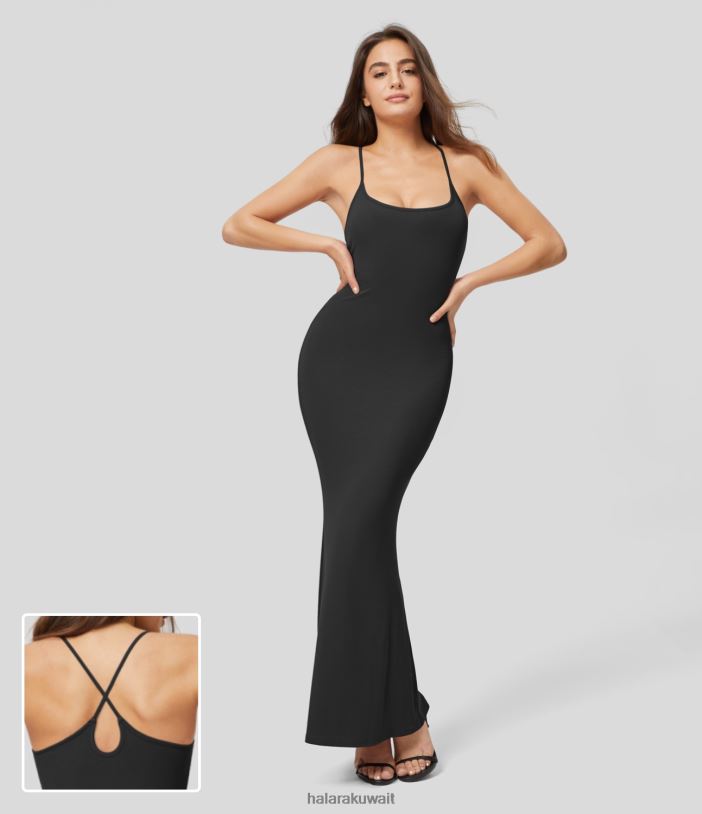 ملابس أسود TDP4N1103 نحيف Halara فستان ماكسي كاجوال سهل الارتداء مضلع بدون ظهر ومتقاطع على شكل دمعة