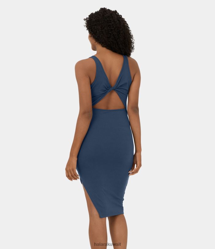 ملابس الدنيم الداكن TDP4N1105 نحيف Halara فستان كاجوال ميدي بفتحة جانبية بدون أكمام وفتحة جانبية