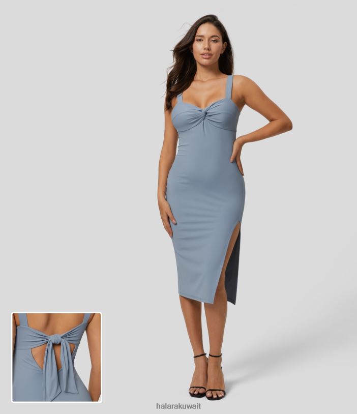 ملابس ندفة الثلج الزرقاء TDP4N1108 نحيف Halara فستان كاجوال متوسط ​​الطول بدون أكمام ملتوي وربطة عنق وفتحة خلفية