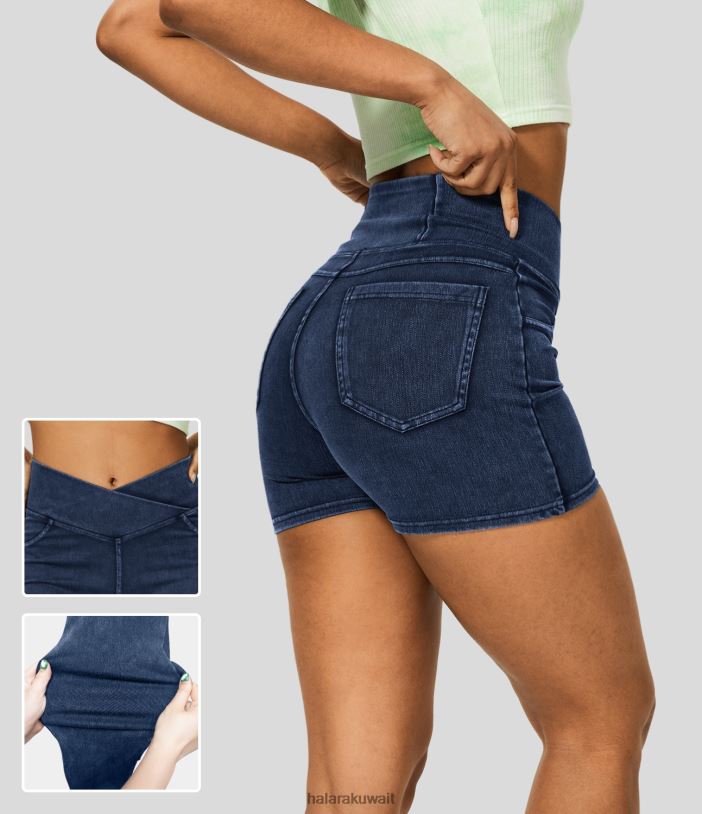 ملابس الدنيم المغسول النيلي TDP4N110 نحيف Halara شورت كاجوال بخصر عالٍ وجيب خلفي من قماش الدنيم المتماسك القابل للتمدد 3"