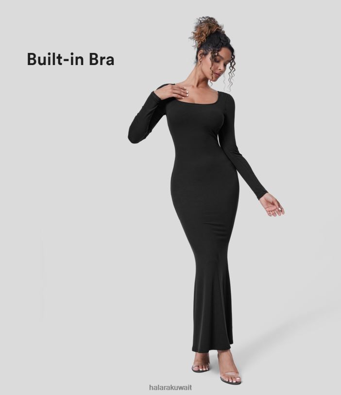 ملابس أسود TDP4N1110 نحيف Halara فستان حفلات ماكسي مضلع بياقة على شكل حرف U وأكمام طويلة