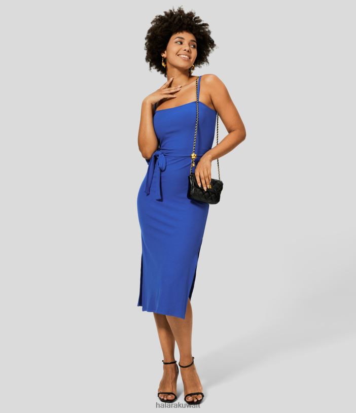 ملابس الأزرق دون ليال TDP4N1114 نحيف Halara فستان كاجوال متوسط ​​الطول بحزام قابل للتعديل وحزام عاري الظهر بحاشية مقسمة ومضلع