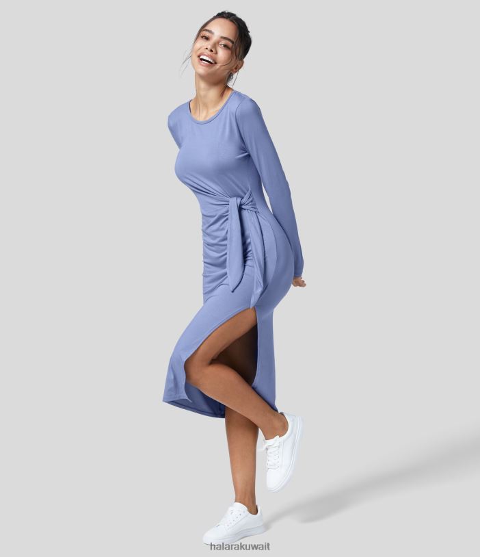 ملابس الدنيم المبيض TDP4N1121 نحيف Halara فستان كاجوال متوسط ​​الطول بياقة دائرية وأكمام طويلة وأربطة