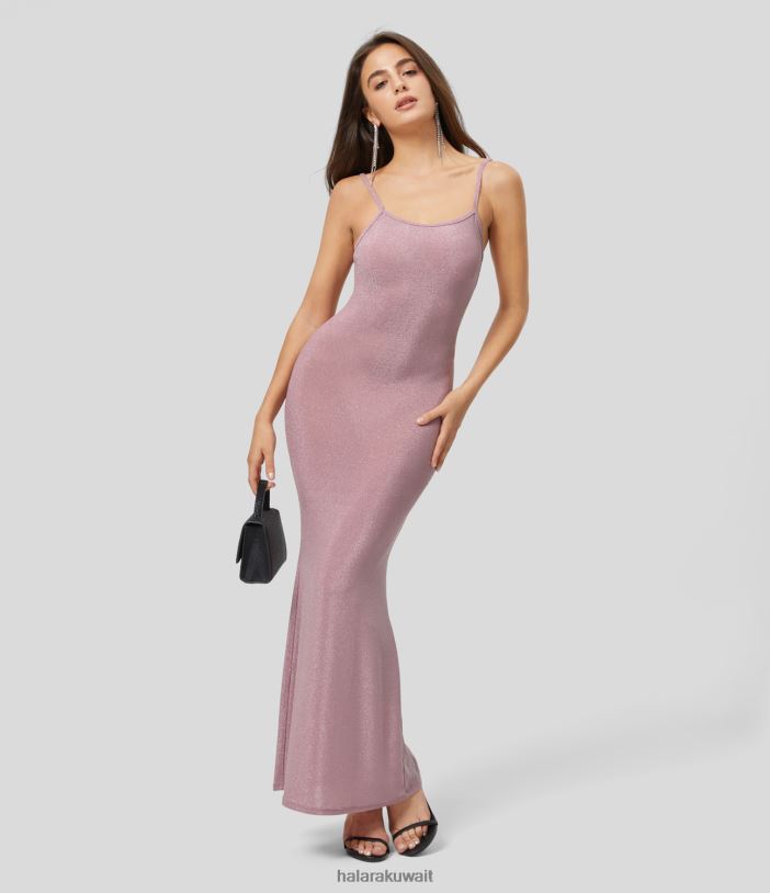 ملابس بريق المشمش الوردي TDP4N1122 نحيف Halara فستان حفلات طويل شفاف بدون ظهر وحزام قابل للتعديل من Bodycon معدني سهل الانزلاق