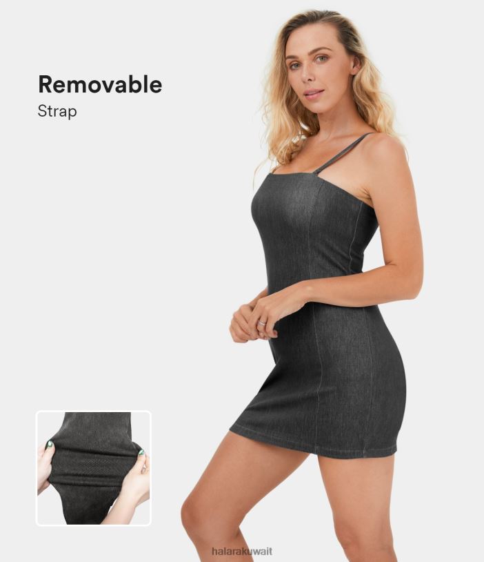 ملابس الدنيم المغسول باللون الأسود TDP4N1127 نحيف Halara فستان كاجوال قصير بحزام قابل للتعديل وقابل للإزالة بدون ظهر من قماش الدنيم المتماسك القابل للتمدد