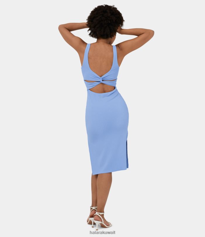 ملابس فيستا الأزرق TDP4N1128 نحيف Halara فستان كاجوال متوسط ​​الطول منسوج مضلع بياقة على شكل حرف U بدون أكمام وظهر ملتوي ومقصوص على شكل حرف U