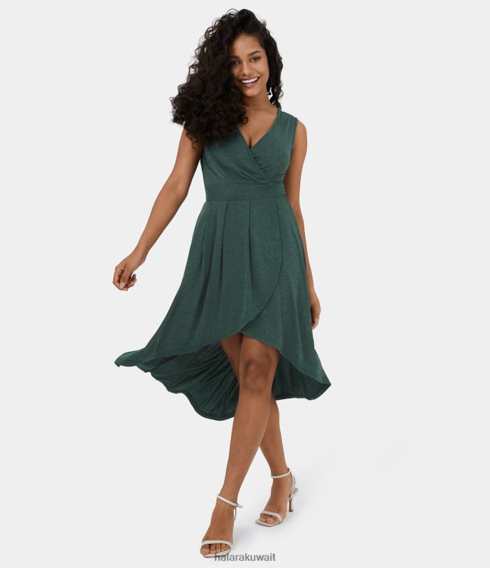 ملابس خيوط زهرية خضراء داكنة TDP4N1135 نحيف Halara فستان كاجوال متوسط ​​الطول بفتحة رقبة على شكل حرف V عميق بدون أكمام ومطوي وحاشية متقاطعة عالية ومنخفضة