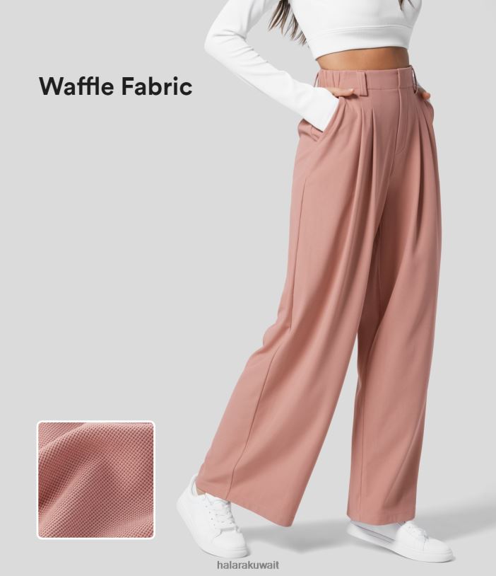 ملابس روز تان TDP4N113 نحيف Halara بنطال عمل واسع الساق بجيب جانبي مطوي وخصر مرتفع