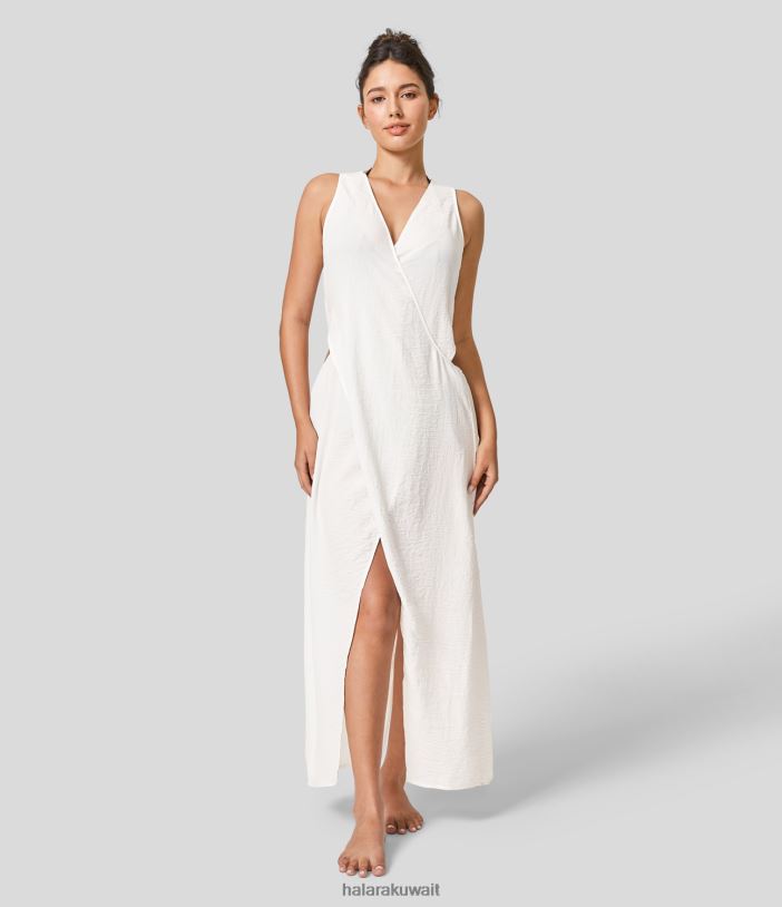 ملابس أبيض TDP4N1142 نحيف Halara فستان ماكسي كاجوال بفتحة رقبة على شكل حرف V بدون أكمام