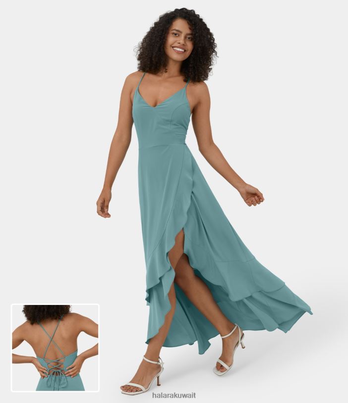 ملابس الأزرق المعدني TDP4N1143 نحيف Halara فستان كاجوال طويل بدون ظهر متقاطع وأربطة جانبية وسحاب جانبي مكشكش وحاشية مقسمة سريع الجفاف