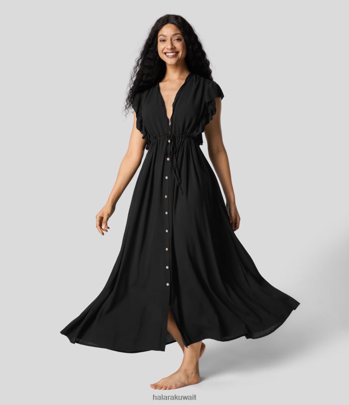 ملابس أسود TDP4N1145 نحيف Halara فستان ماكسي كاجوال فضفاض برقبة على شكل حرف V وأكمام فراشة بدون ظهر ورباط وجيب جانبي