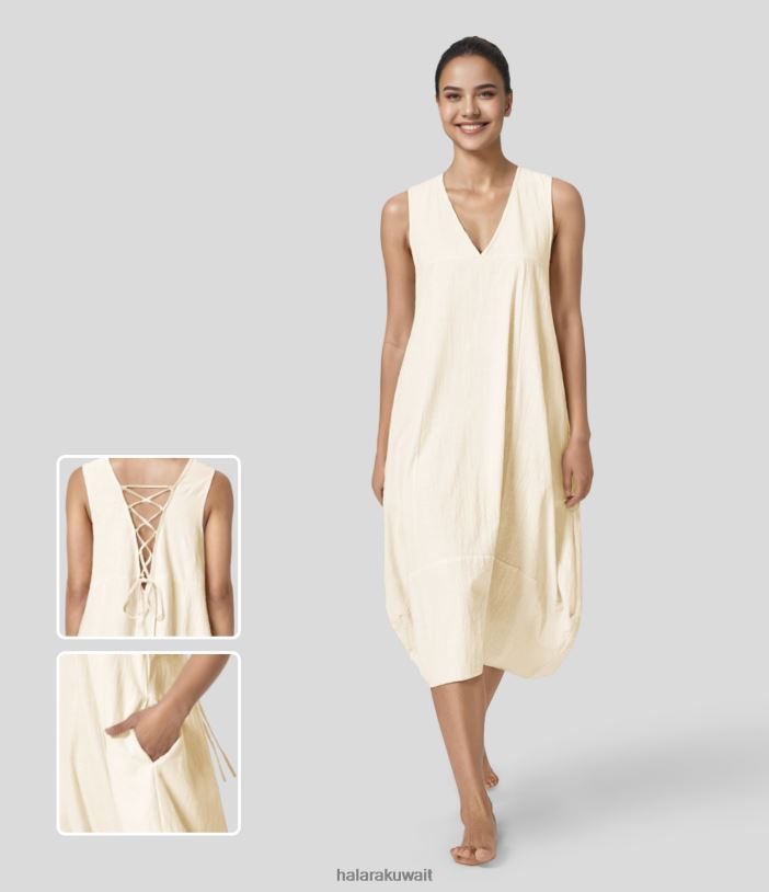 ملابس ثلج الفانيليا TDP4N1148 نحيف Halara فستان قطني كاجوال متوسط ​​الطول برقبة على شكل حرف V بدون أكمام وظهر متقاطع وأربطة وجيب جانبي