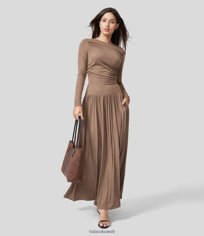 ملابس فرو القندس TDP4N1149 نحيف Halara فستان ماكسي كاجوال مضلع برقبة قارب وجيب جانبي مكشكش
