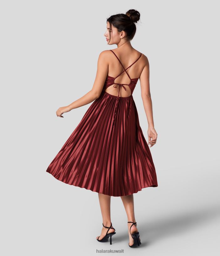 ملابس إبداعي TDP4N1158 نحيف Halara فستان حفلات ميدي بفتحة رقبة على شكل حرف V وظهر مكشوف وأربطة متقاطعة