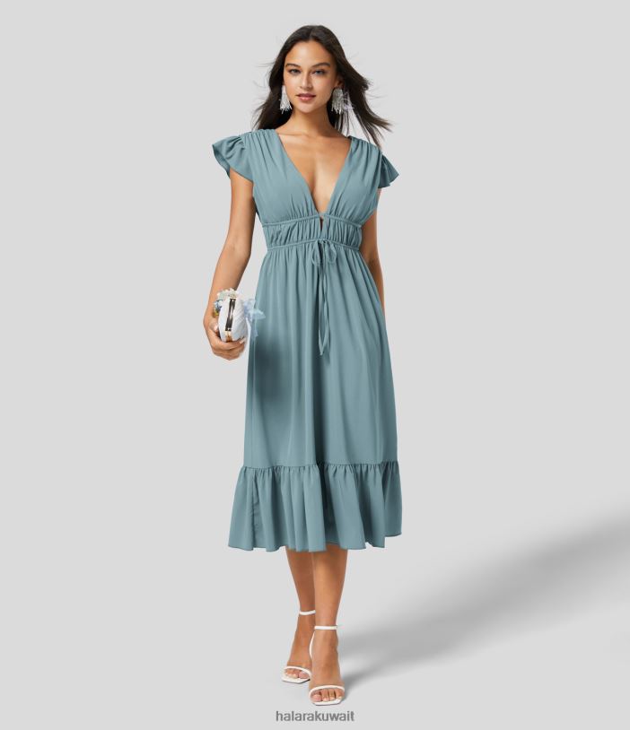 ملابس الحجر الأزرق TDP4N1159 نحيف Halara فستان وصيفة العروس وضيوف الزفاف ذو رقبة عميقة على شكل حرف V وأكمام على شكل فراشة وعقدة بدون ظهر وجيب جانبي وحاشية مكشكشة متوسطة الطول سريعة الجفاف