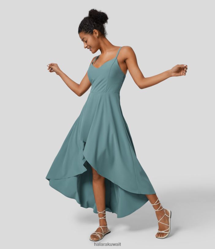 ملابس الحجر الأزرق TDP4N1162 نحيف Halara فستان منتجعي طويل قابل للتعديل بحزام قابل للتعديل بدون ظهر وسحاب غير مرئي وتدفق مرتفع ومنخفض وسريع الجفاف