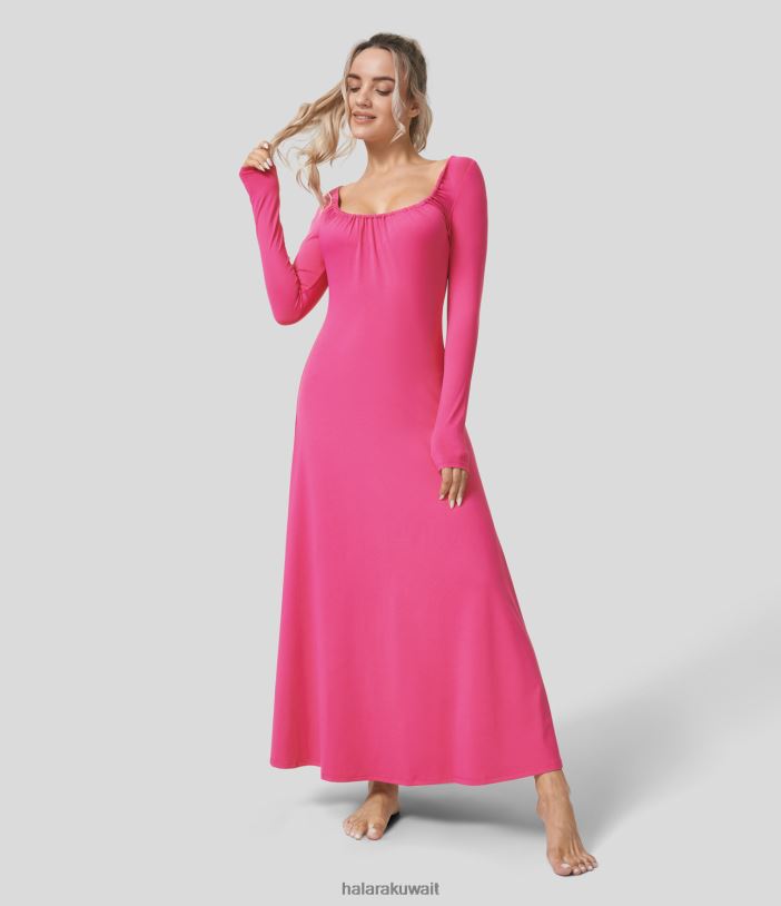 ملابس التلميح TDP4N1163 نحيف Halara فستان ماكسي كاجوال برقبة مربعة وظهر مكشوف وحاشية مضيئة