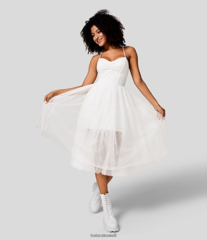 ملابس أبيض TDP4N1165 نحيف Halara فستان كاجوال متوسط ​​الطول بياقة على شكل حرف V مكشكش وظهر متقاطع وأربطة شبكية متباينة