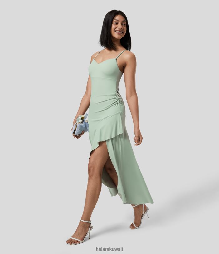 ملابس الفاصوليا الخضراء الخفيفة TDP4N1166 نحيف Halara فستان ماكسي لوصيفات العروس وحفلات الزفاف وحزام قابل للتعديل مكشكش ومكشكش بدون ظهر