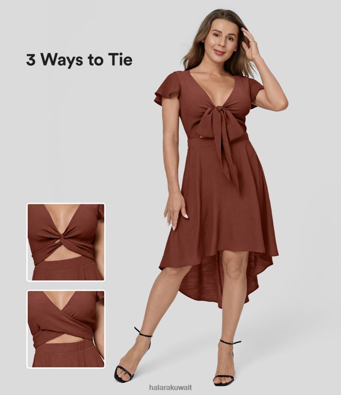 ملابس براندي الشم TDP4N1168 نحيف Halara فستان كاجوال متوسط ​​الطول برقبة على شكل حرف V وأكمام قصيرة وربطة عنق من الأمام والخلف