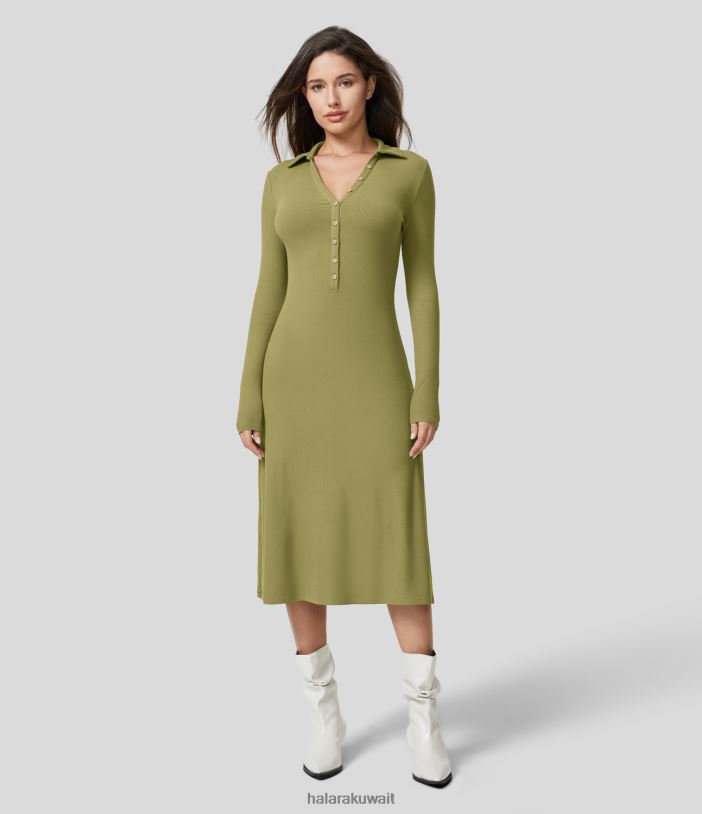 ملابس الزيتون الأخضر TDP4N1169 نحيف Halara فستان ميدي محبوك مضلع بياقة هينلي وأكمام طويلة