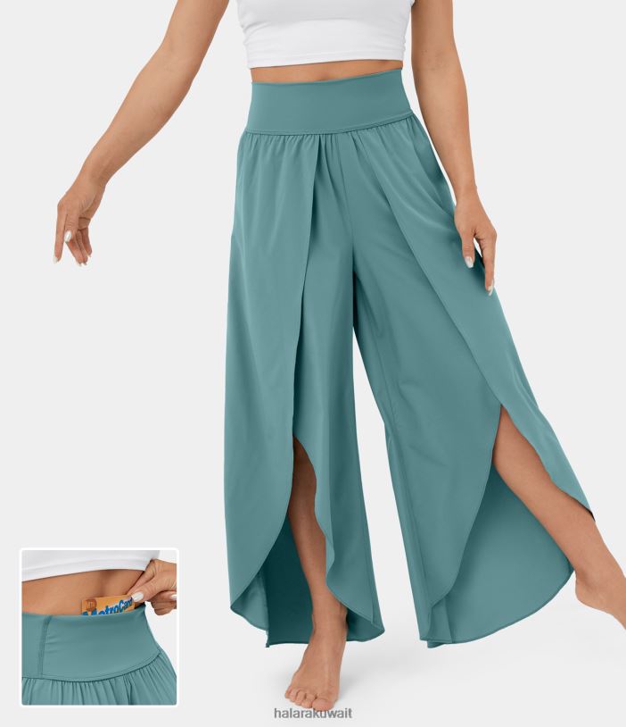 ملابس رياضية الحجر الأزرق TDP4N116 نحيف Halara بنطال كاجوال بخصر عالٍ وحزام خصر خلفي وجيب بالازو انسيابي واسع الساق وسريع الجفاف