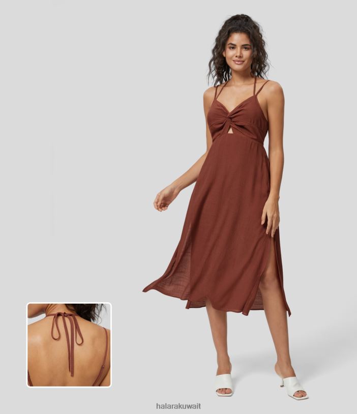 ملابس براندي الشم TDP4N1171 نحيف Halara فستان كاجوال ميدي بفتحات ملتوية مكشوفة الظهر وحاشية منقسمة
