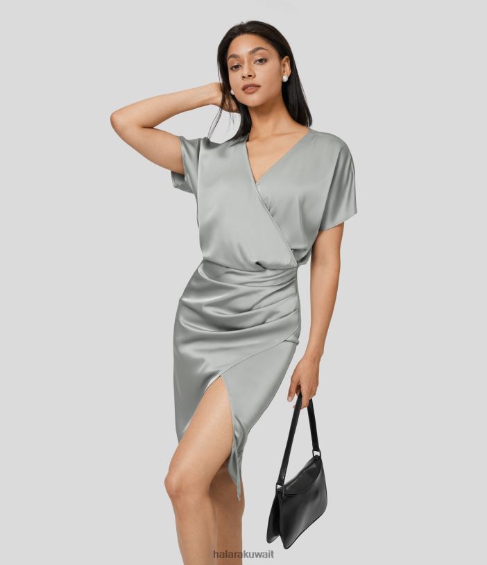 ملابس إبداعي TDP4N1172 نحيف Halara فستان كاجوال برقبة على شكل حرف V وسحاب غير مرئي ومكشكش ومقسم متوسط ​​الطول يشبه الساتان