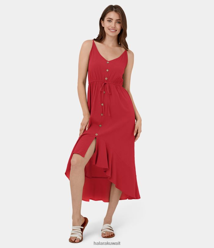 ملابس الشريط الأحمر TDP4N1173 نحيف Halara فستان قطني كاجوال متوسط ​​الطول بدون ظهر، حزام قابل للتعديل، رباط، كشكش غير متماثل
