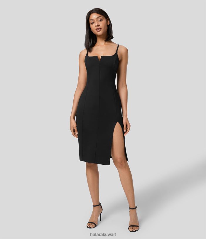 ملابس أسود TDP4N1175 نحيف Halara فستان عمل ميدي رفيع بحاشية مقسمة