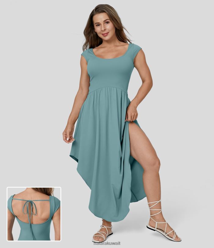 ملابس الأزرق المعدني TDP4N1176 نحيف Halara فستان كاجوال طويل برقبة على شكل حرف U وأكمام قصيرة بدون ظهر وربطة عنق وحاشية غير متماثلة وطويلة وسريع الجفاف