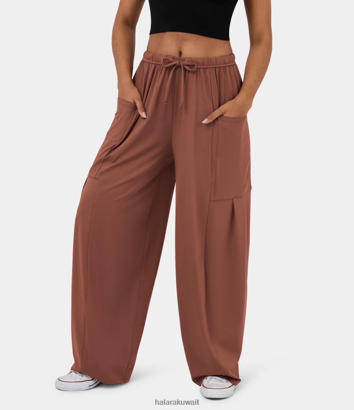 ملابس شراب القيقب TDP4N117 نحيف Halara بنطال كاجوال بحزام خصر مطاطي متوسط ​​الارتفاع وجيب جانبي وواسع الساق