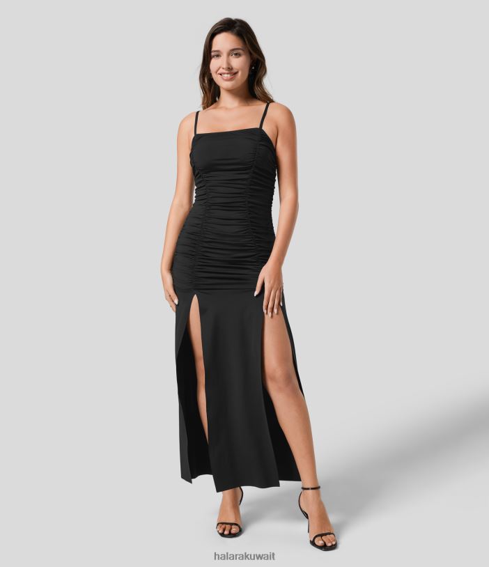 ملابس إبداعي TDP4N1180 نحيف Halara فستان ماكسي كاجوال سهل الانزلاق بحزام مكشكش وفتحة الفخذ