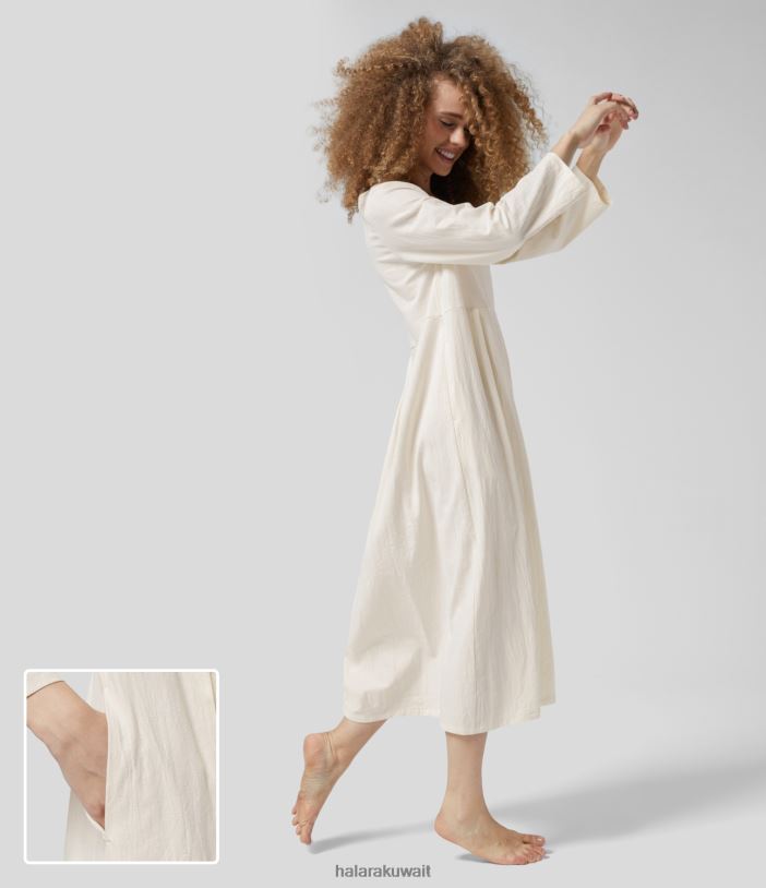 ملابس ثلج الفانيليا TDP4N1185 نحيف Halara فستان قطني كاجوال متوسط ​​الطول برقبة دائرية وأكمام طويلة وجيب جانبي مطوي ومريح