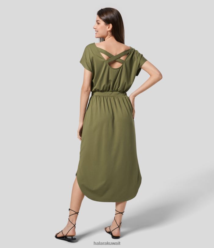 ملابس زيتون كابوليت TDP4N1186 نحيف Halara فستان كاجوال متوسط الطول برقبة قارب وأكمام قصيرة بدون ظهر وحاشية منحنية متقاطعة ملابس زيتون كابوليت TDP4N1186 نحيف Halara فستان كاجوال متوسط الطول برقبة قارب وأكمام قصيرة بدون ظهر وحاشية منحنية متقاطعة